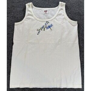 Vintage 90s Anvil White Cotton Tank Top Embroidered Dragonfly Women's Medium